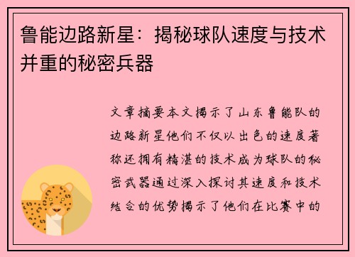 鲁能边路新星：揭秘球队速度与技术并重的秘密兵器
